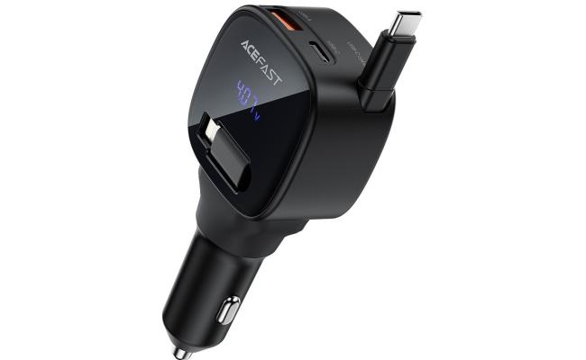 ACEFAST B17 95W Car Charger USB-C + USB-A LED Display Fast Charging Adapater with Retractable Cable - Black
